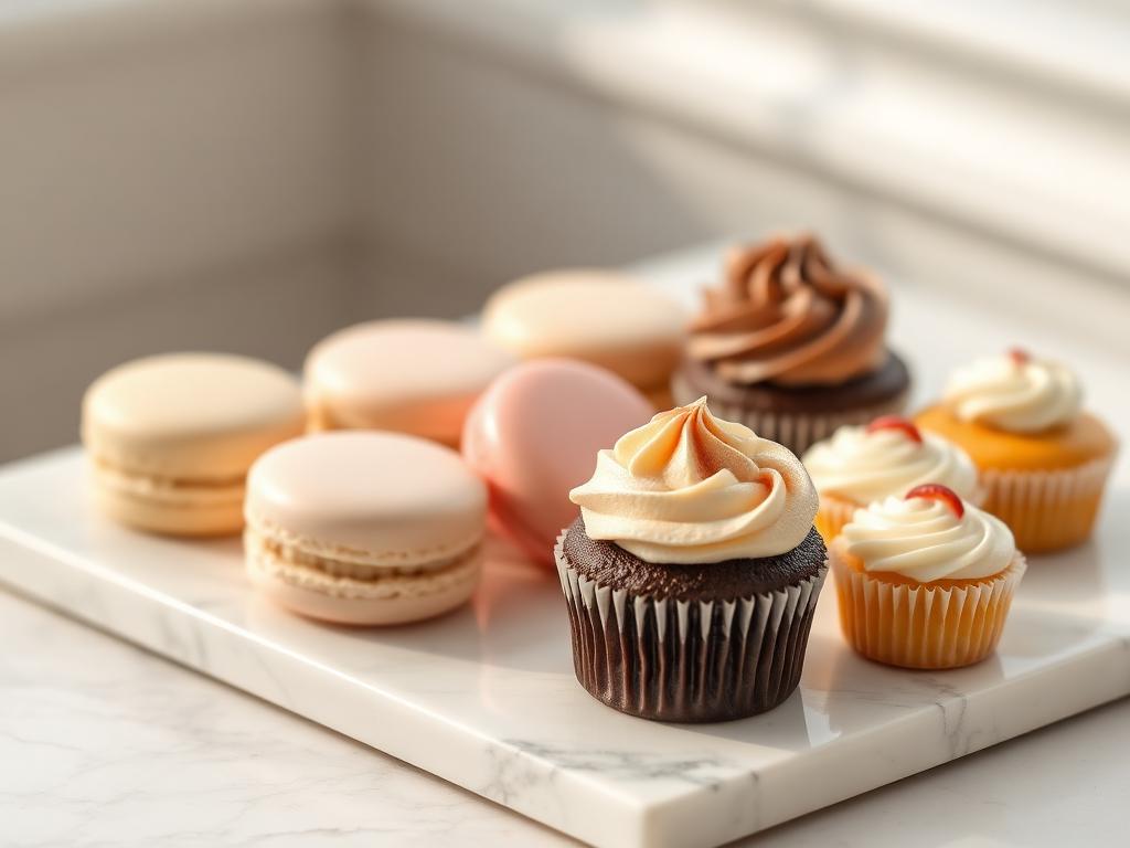Assorted cupcakes and macarons